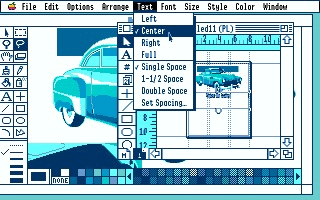 AppleWorks GS -- the page-layout module, a document open with rulers and tools