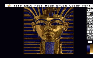 DeluxePaint II -- a painting on the canvas, the menu bar, tools, and color palette