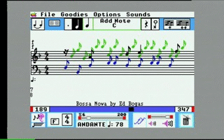Music Studio 2.0 -- colored notes on the staff, the Sounds menu