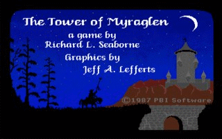 The Tower of Myraglen title screen -- castle and rider by moonlight