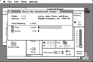 A Macintosh System 6 desktop in black and white
