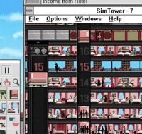 SimTower on the Macintosh -- a cutaway skyscraper, floors and elevators